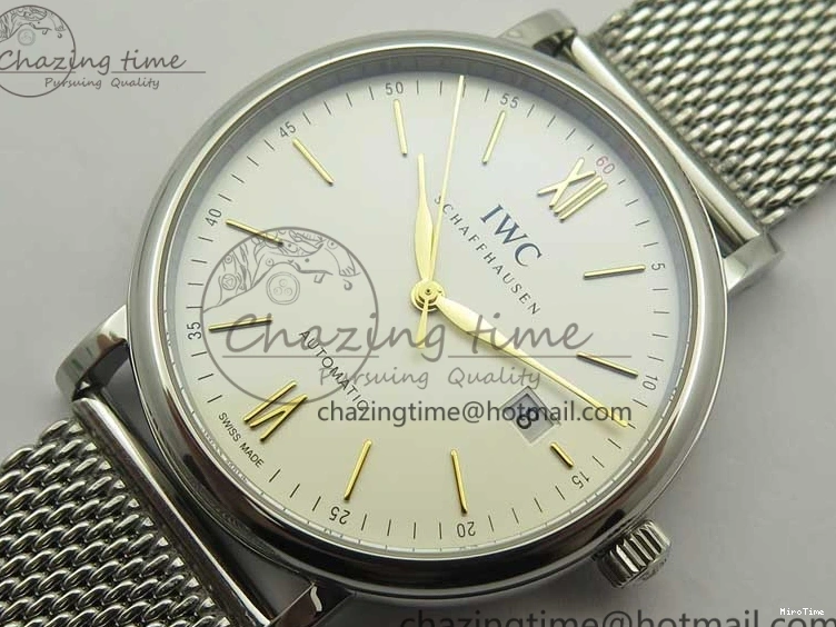 MIROTIME 0327 Breathable Portofino IW356501 SS V3 MK 1:1 Best Edition White Dial Gold Markers On SS Mesh Bracelet MIYOTA 7197